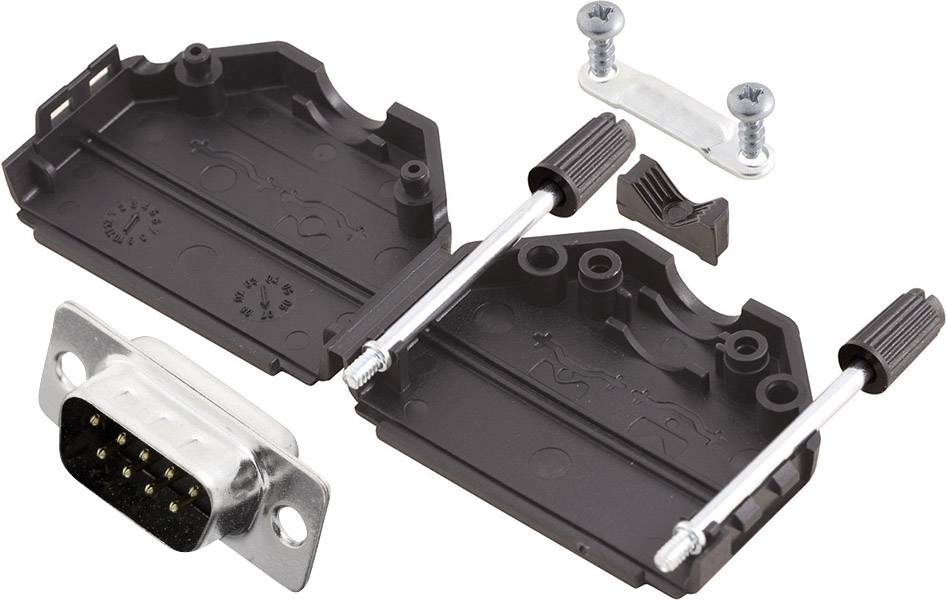 Opened black electrical connector with screws and metal plates, revealing internal details and components for electrical assembly.