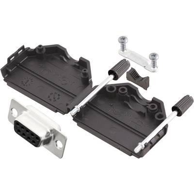 A black D-sub plug housing with screws and metallic connectors. Ideal for mounting electrical connections.