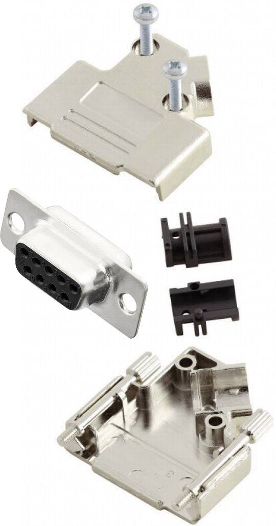 Metal housing for D-sub connector, showing the upper and lower cover, screws and plastic parts for cable assembly.