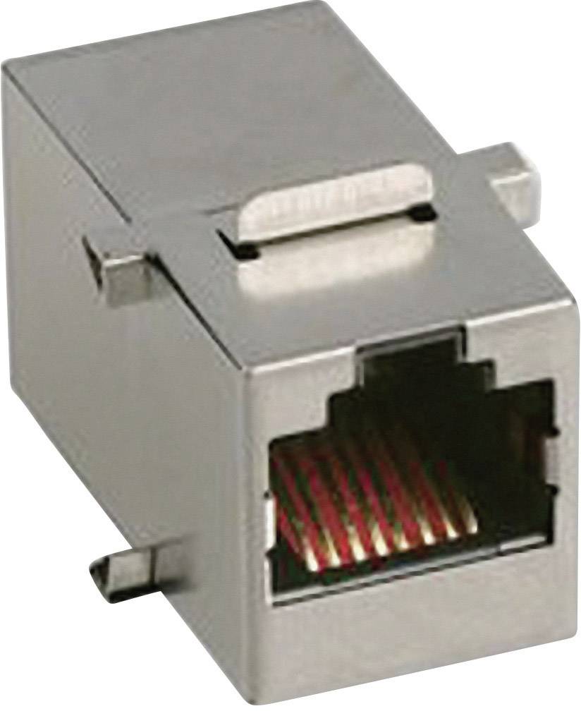 Metal RJ45 socket adapter for Ethernet connections, front view with open port.