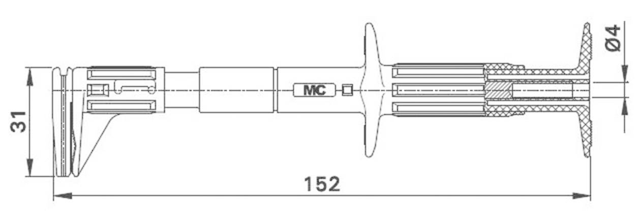 Technical drawing of a wall plug: Length 152 mm, diameter 4 mm, height 31 mm. Shows details of internal and external structure.