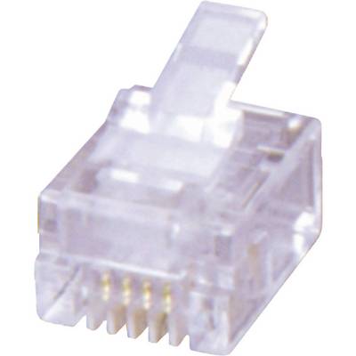 Close-up of a transparent RJ45 plug, used for connecting network cables, particularly Ethernet cables.