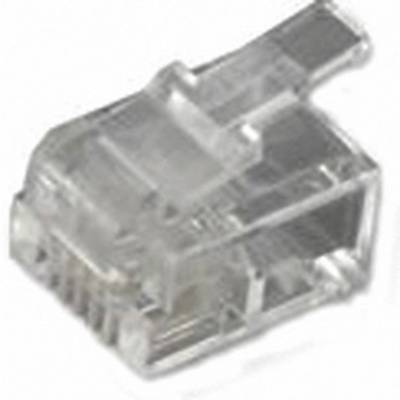 A transparent RJ45 plug for use with Ethernet network cables, showing pins and locking lever, centrally positioned.