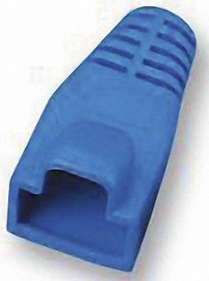 Blue plastic cable protection plug with a rectangular shape and grooves on top, used to protect Ethernet cable connections.