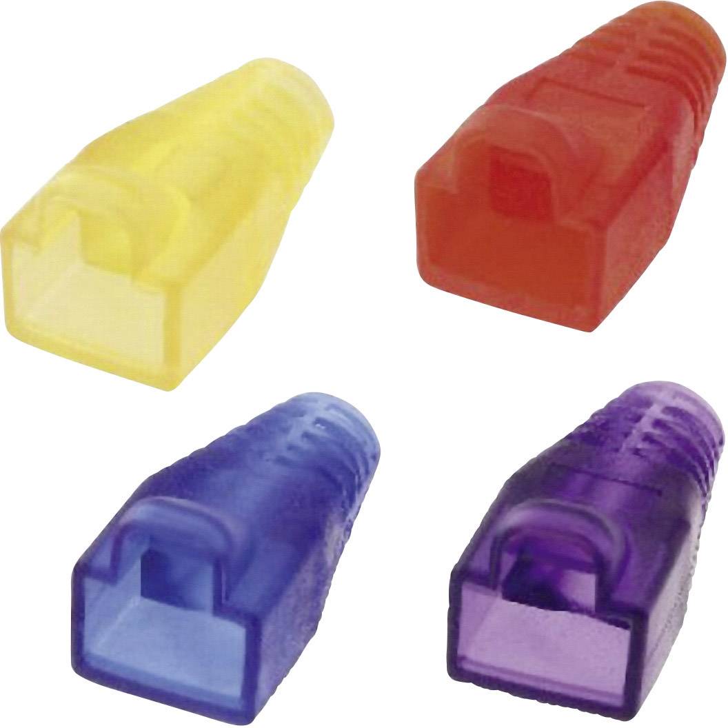 Four differently coloured RJ45 connector covers: yellow, red, blue, and purple.