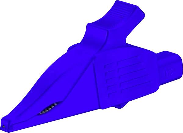 A blue-insulated crocodile clip, commonly used in electrical tests to secure safe connections.