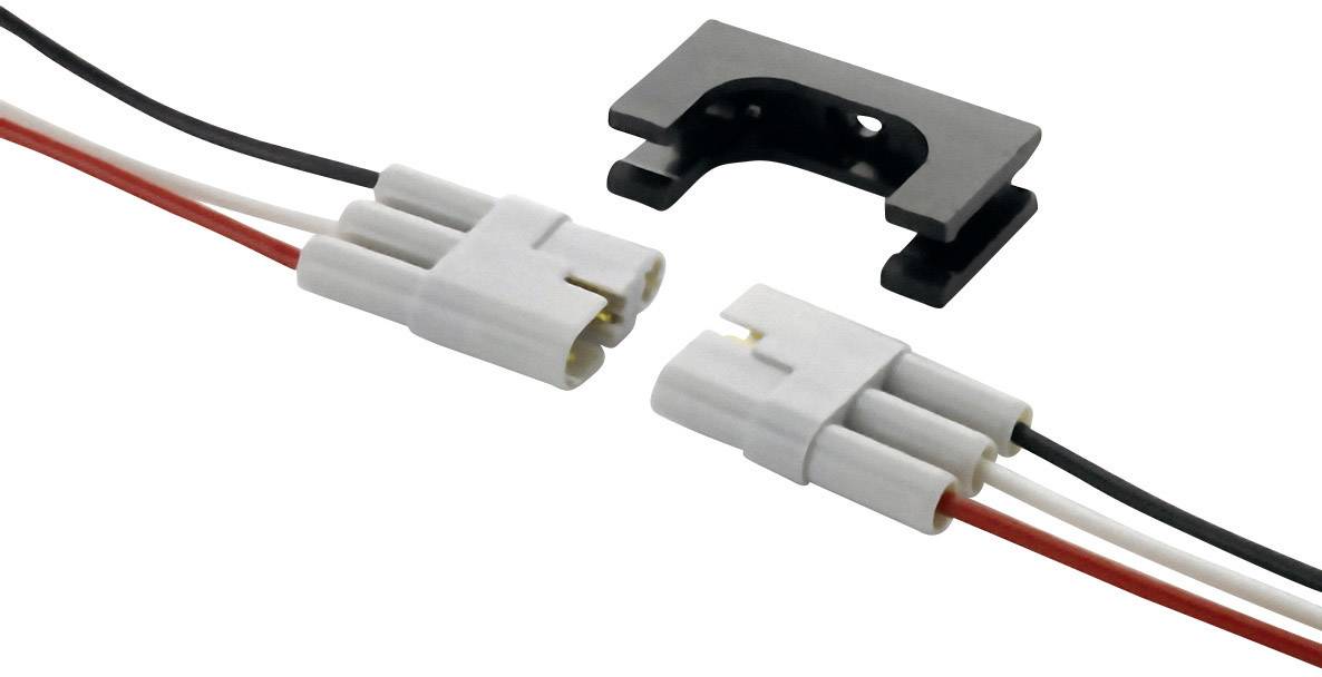 Two connectors that can be connected to each other, with a black retaining clip behind them. They have red, white, and black cables.