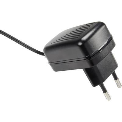 A black power adaptor with EU plug is shown against a white background.