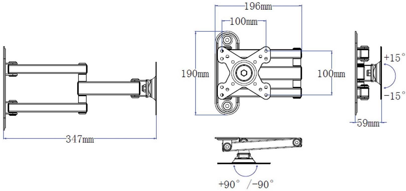 Technical drawing of an adjustable monitor mount with dimensions: Width 347 mm, Height 190 mm. Tilt angle: +15°/-15°, Rotation: +90°/-90°.