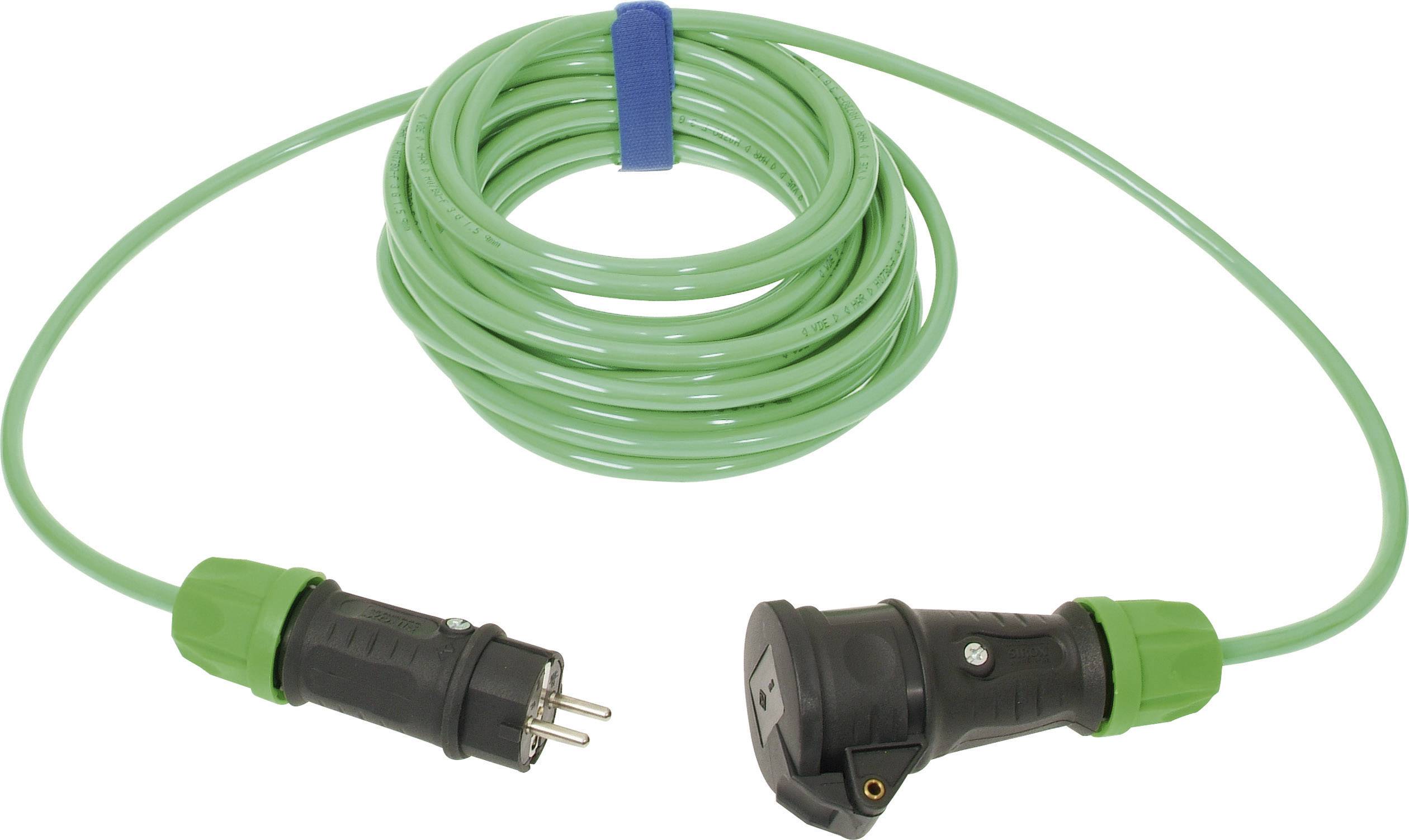 Green extension lead with one plug and one socket, coiled, on a white background.