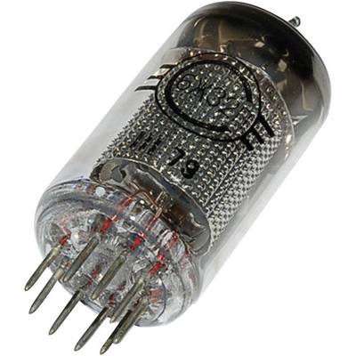 A Nixie tube with a glass enclosure and multiple metal pins at its lower end, used for displaying digits through gas discharge.