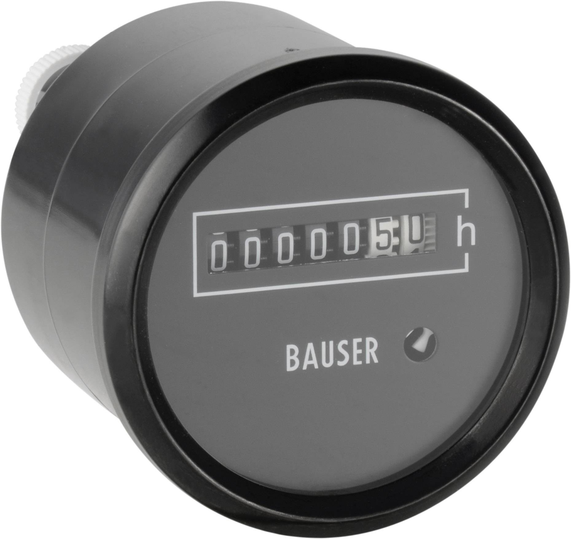 Analogue operating hours meter with black casing, counter displays '00000051' hours, brand 'BAUSER'.