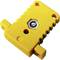 Yellow plastic component with symmetrical design, central hexagonal interface and lateral openings, potentially a technical connecting element.