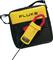 A yellow and red digital multimeter by Fluke, placed on a black carrying case with a yellow Fluke logo.