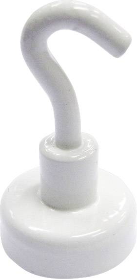 A white, hook-shaped magnet, suitable for hanging light objects on metal surfaces.