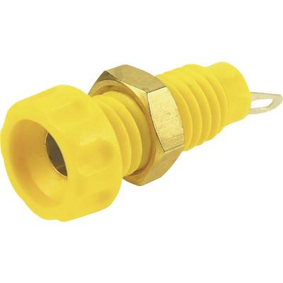 Yellow plastic plug with a ribbed grip, metal thread, and metal tab at one end. Primarily used for electrical connections.