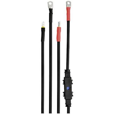 'Black cables with connectors and a small, rectangular, black module with a blue button in the centre.'