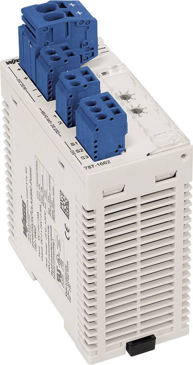 'WAGO Low-Voltage Power Measuring Device with Blue Connection Terminals, Mounted on DIN Rail. Model Number: 787-1662.'