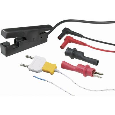 Various measuring leads, including red and black crocodile clips and other connectors, displayed on a white background.