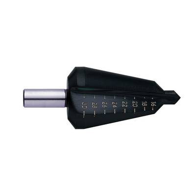 Drill tool with graduated markings from 16 to 30 millimetres, showing the increasing width of the drill bit.