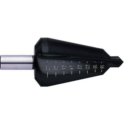 A black tapered drill bit with a metal shaft, marked on the scale from 16 to 30. Used for drilling large holes in metal.