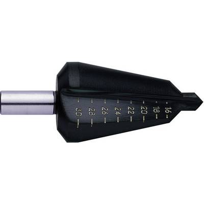 A silver and black conical tool with markings from 16 to 30, likely a step drill bit.
