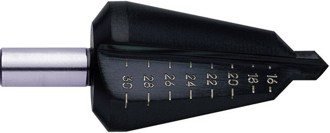 The image shows a conical metal drill bit with a stepped spherical head, used for machining materials.