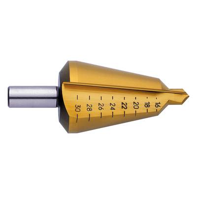 Metal step drill bit with gold coating and etched measurement markings from 4 to 30 millimetres.