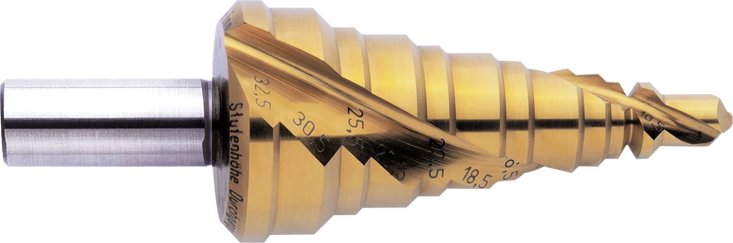A gold-coloured stepped cone drill with multiple cone stages, suitable for drilling various hole diameters in metal surfaces.