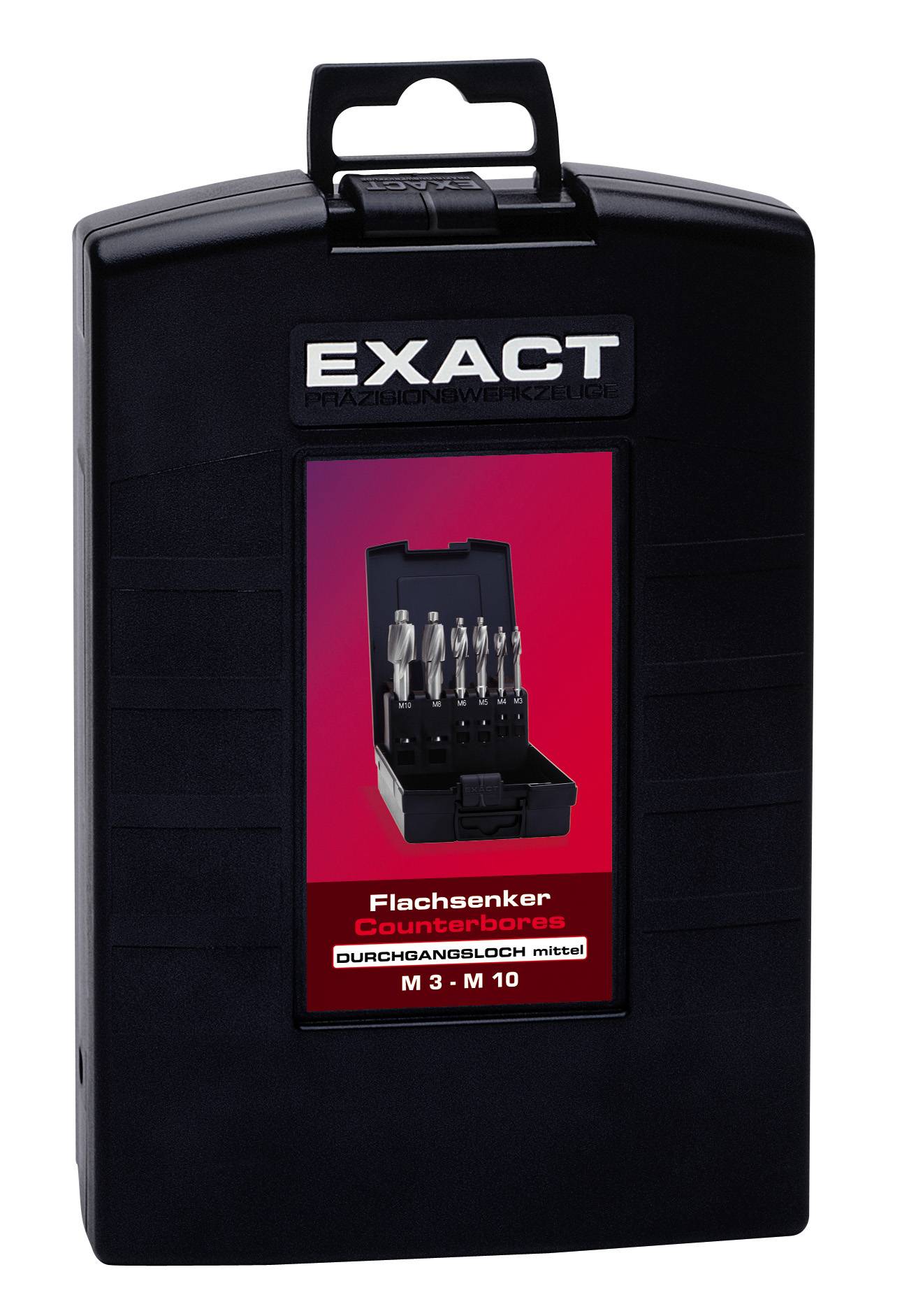 A black 'EXACT' branded package contains countersink tools for through holes in sizes M 3 to M 10.
