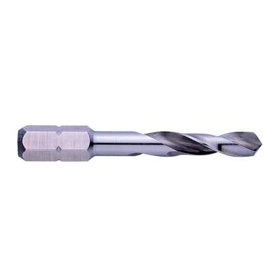 A silver metal drill bit with a spiral cutting edge and hexagonal shank, set against a white background.