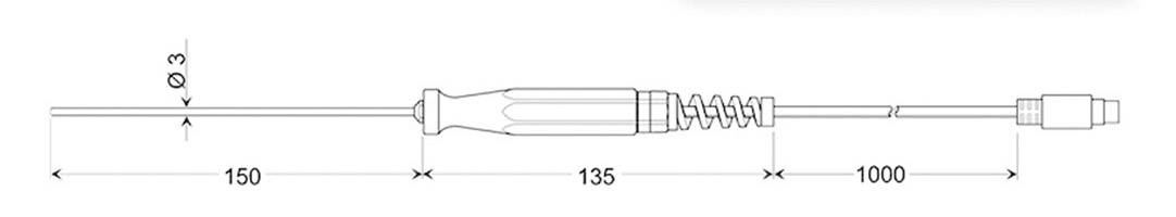 Technical drawing of a cable with dimensions: 150 mm, 135 mm, 1000 mm. Detailed view of the plug and spiral cable section.