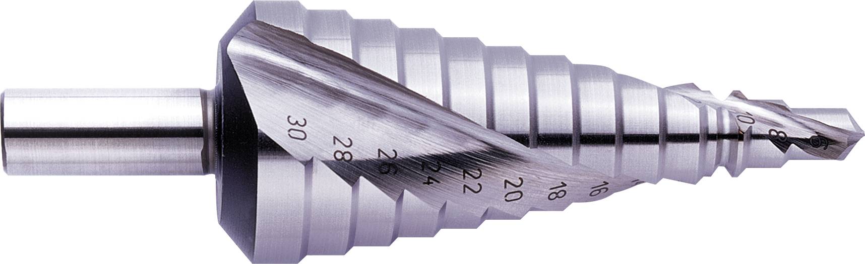 Metal step drill with spiral cutting edges. Different diameter sizes are marked on the surface.