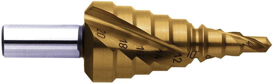 A gold-coloured stepped drill bit with multiple diameter stages and engraved size markings, for drilling holes of various diameters.