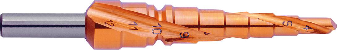 Metal step drill bit with various diameters, used for drilling holes of different sizes in thin materials.