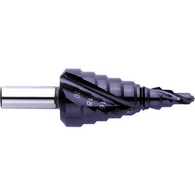 A conical stepped drill bit with multiple drilling stages, black and glossy, on a white background. Ideal for precise hole sizes.