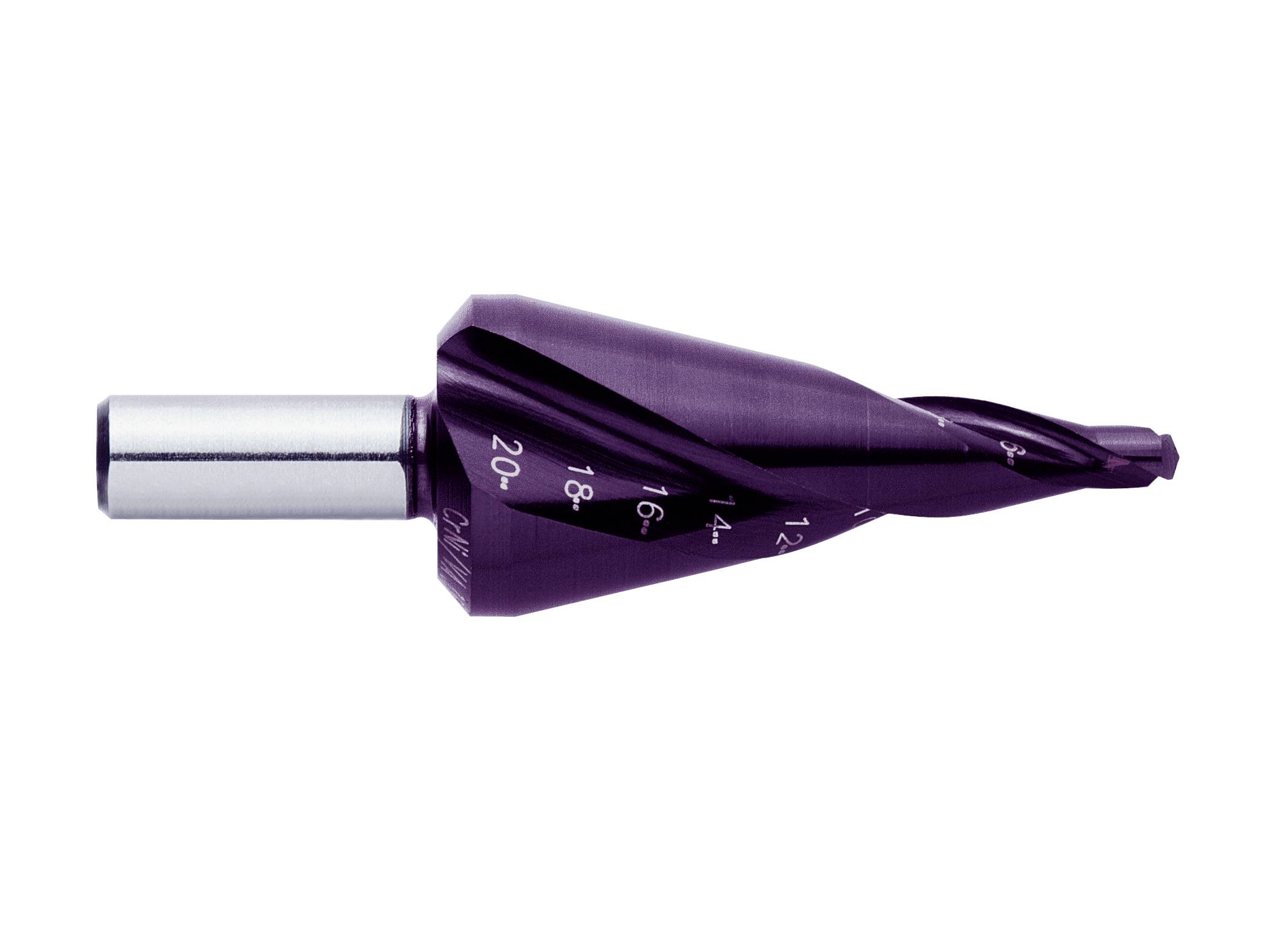 A stepped metal drill bit with multiple graduated diameters marked on the surface. Suitable for precise drilling in metal surfaces.