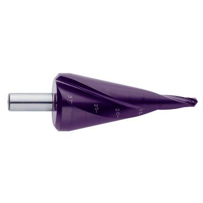 A rust-brown stepped drill bit with multiple graduated diameters ranging from 4 to 39 mm, suitable for metalworking and plastic machining.