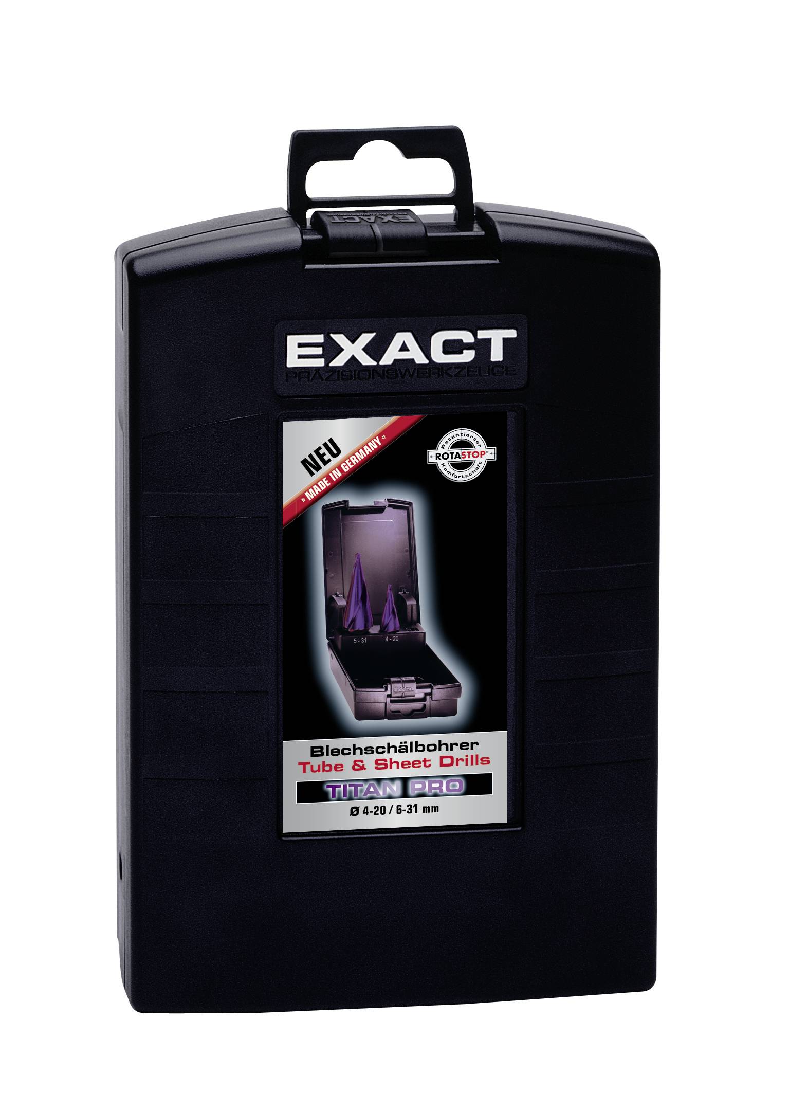 A black box from the brand 'EXACT', containing sheet metal drill bits for pipes and sheets, Titanium Pro, sizes Ø 4-20/Ø 5-31 mm.