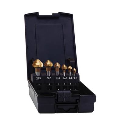 'Set of six countersink drill bits in an opened black case; sizes ranging from 6.3 to 20.5 mm, suitable for metalworking.'