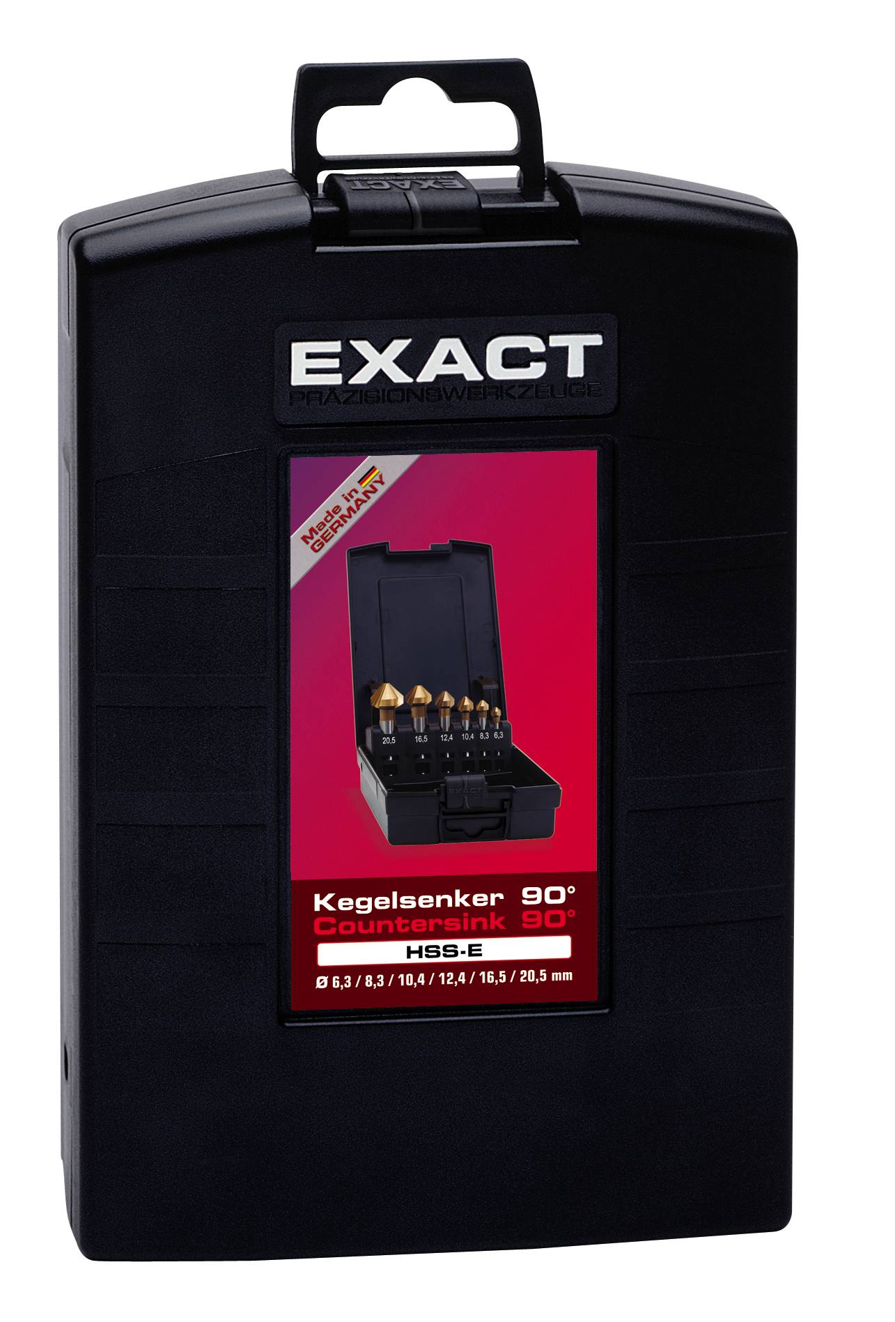 'EXACT 90° HSS-E Countersink' displayed in a black box. Includes countersink sizes ranging from 6.3 to 20.5 mm.