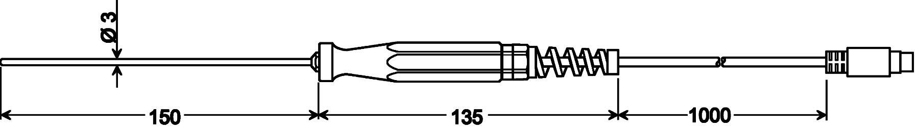 Technical drawing of an antenna, showing dimensions: rod length 150 mm, spring section 135 mm, total length 1000 mm, diameter 3 mm.