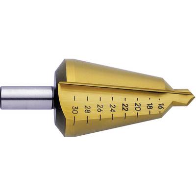 Metal step drill bit with gold-coloured coating and marked depth measurements from 4 to 30 mm, side view.