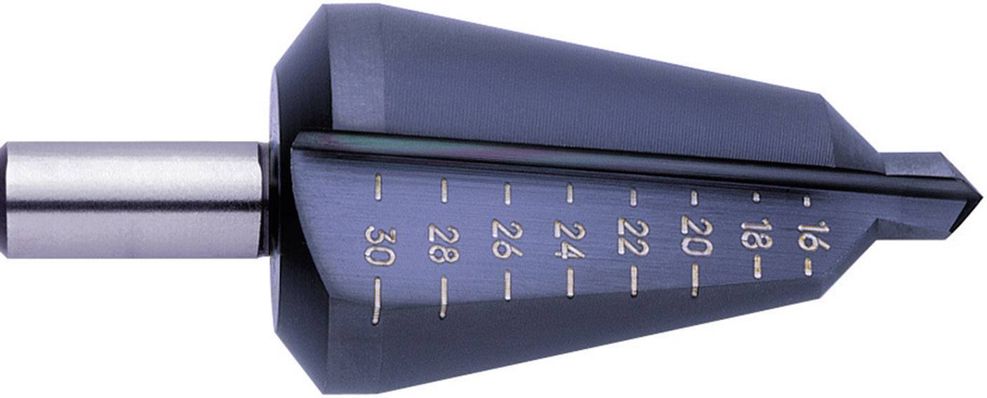 A tapered drill with measurements ranging from 16 to 30 mm. It is used for drilling holes of varying diameters.