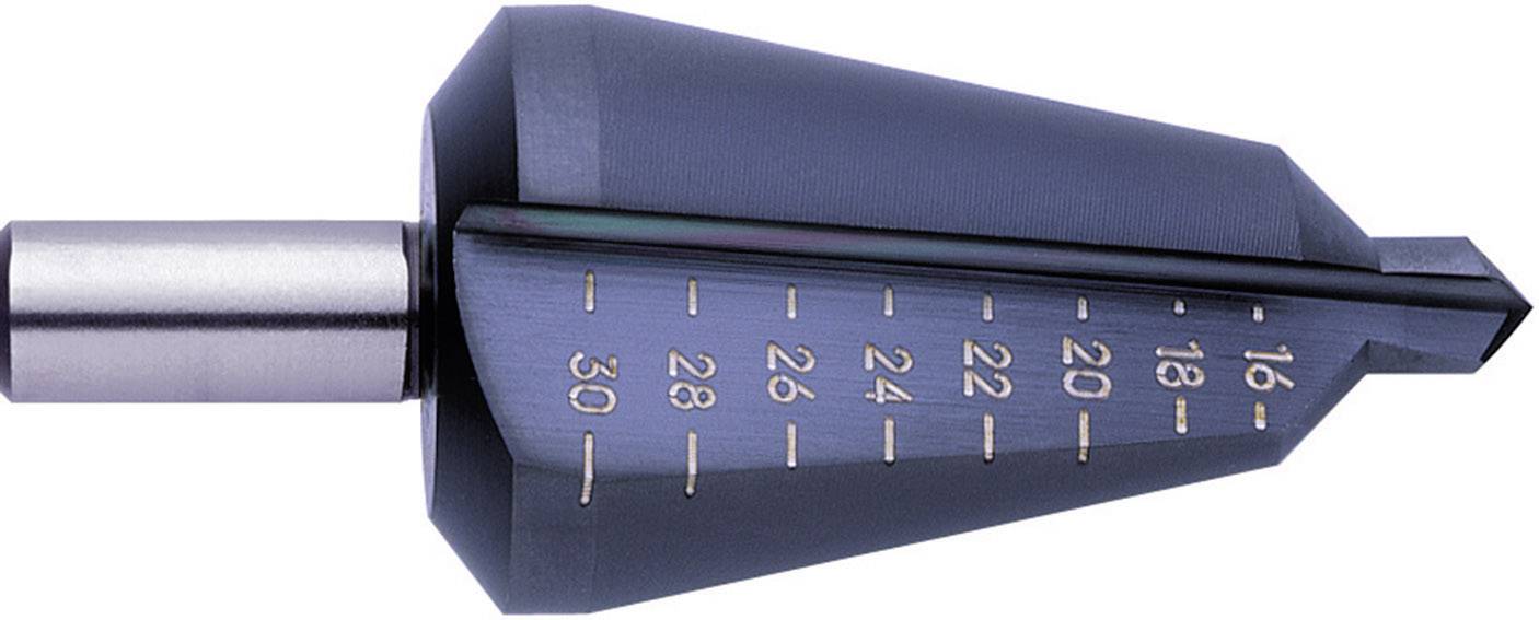 Metal step drill bit with markings for different diameters, from 16 to 30 mm, in close-up.