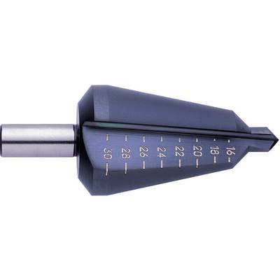 A silver-blue taper drill with a graduated scale from 16 to 30 mm for precise hole drilling in metal.