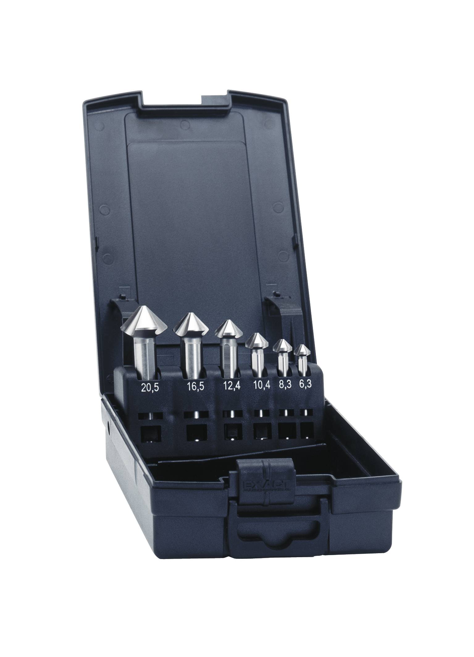 A set of countersinks in an open black case. Six countersinks in graduated sizes from 6.3 to 20.5 mm are visible.
