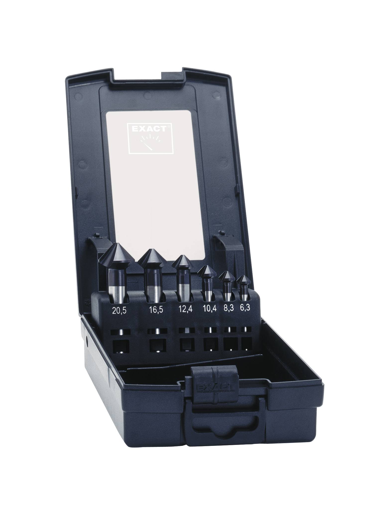 A black case with six countersink drills in various sizes (20.5 to 6.3 mm) and holders, opened upright.