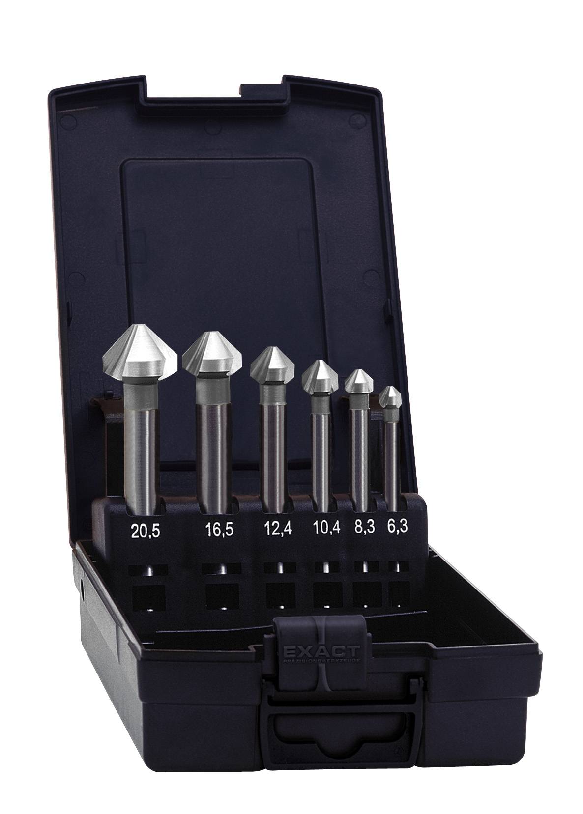 Six-piece metal countersink set, vertically arranged in an open black case, sizes ranging from 6.3mm to 20.5mm.