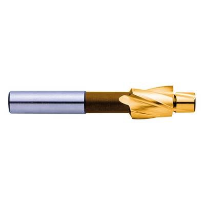 A multi-stage metal milling cutter with silver and gold coating, used for drilling and milling in metalworking.